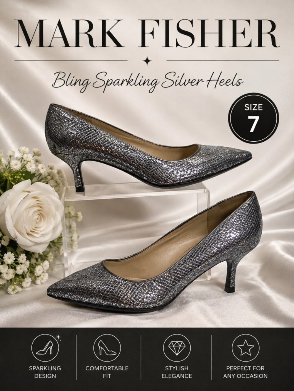 MARK FISHER Bling Sparkling Silver Heels 7